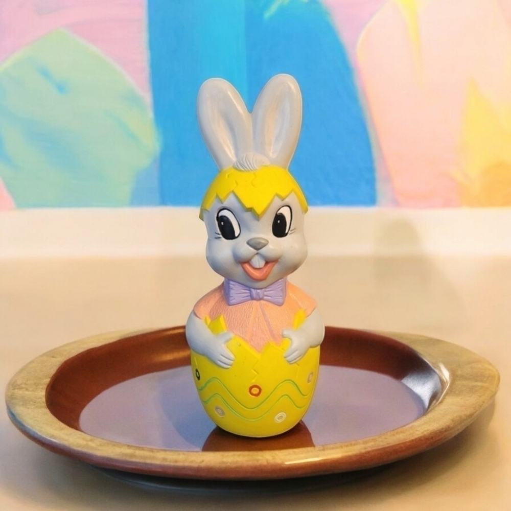 Vintage Ceramic Easter Bunny Inside Egg With Bow Tie 11" Tall Hand Painted 1974